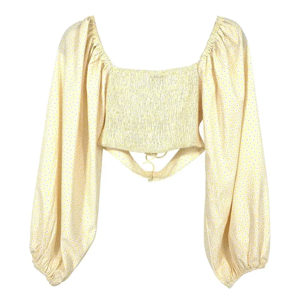 White Fox Cropped Cutout Long Sleeve Top Womens Sz S Yellow Floral Off Shoulder - Picture 2 of 6